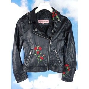 Urban Republic Black Embroidered Roses Faux Leather Moto Jacket Girls EUC